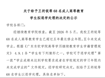 关于对王坍锐等68名成人高等教育学生拟退学处理决定的公示